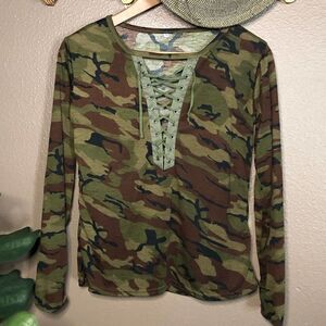 Camo Lace Up Long Sleeve Top